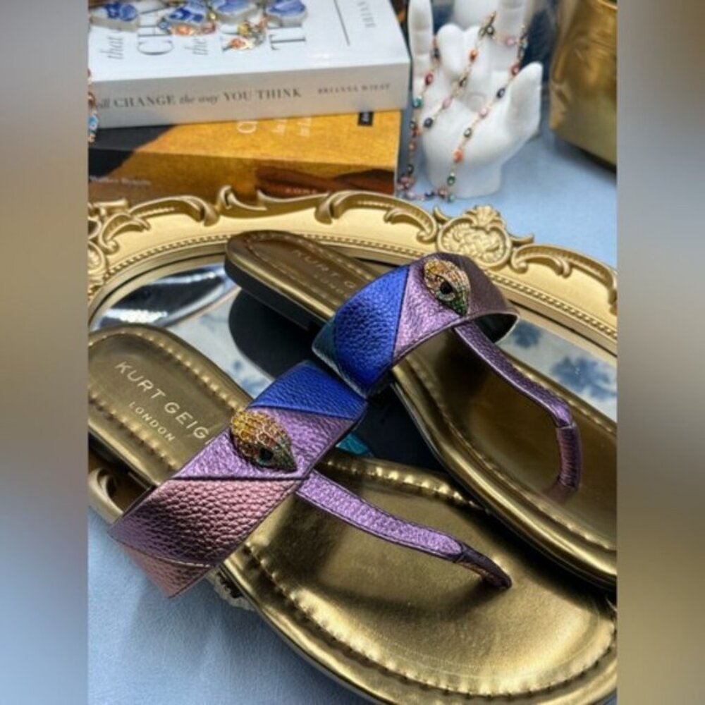 🆕 KURT GEIGER LONDON 🧿 NWOB Kensington T-Bar Sandal, Metallic Rainbow, Sz US 7 - Picture 9 of 13